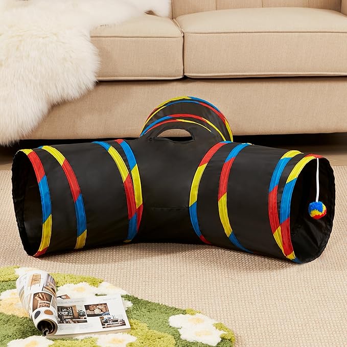 Tempcore Pet Cat Tunnel Tube Cat Toys 3 Way Collapsible, Cat Tunnels for Indoor Cats，Kitty Tunnel Bored Cat Pet Toys Peek Hole Toy Ball Cat, Puppy, Kitty, Kitten, Rabbit Black & Rainbow
