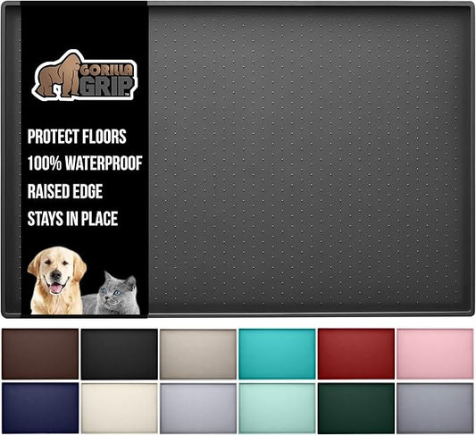 Gorilla Grip 100% Waterproof Raised Edge BPA Free Silicone Pet Feeding Mat, Dog Cat Food Mats Contain Spills Protects Floors, Placemats for Cats and Dogs Water Bowl, Pets Accessories 28x18 Charcoal