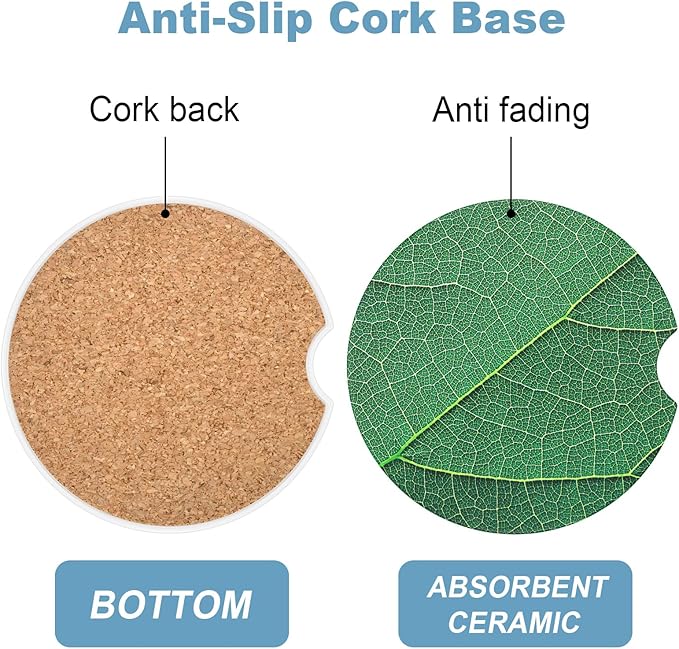 2 Pack Car Cup Holder Coaster, 2.63 inch Anti Slip Insert Absorbent Ceramic Car Coaster with Cork Base and Finger Notch, Cute Car Accessories Interior for Women, Cute Car Coasters., CH0025