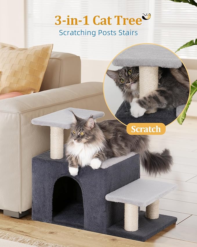 3-in-1 Pet Stairs for Cats, Dog Steps for Small Doggie,7.8'' Depth Cat Stairs,Indoor Cat Ladders for High Bed for Pet's Joints, Soft Plush, 1 Big Cat Condo Cave, Sisal Scratching Posts, Grey, Large