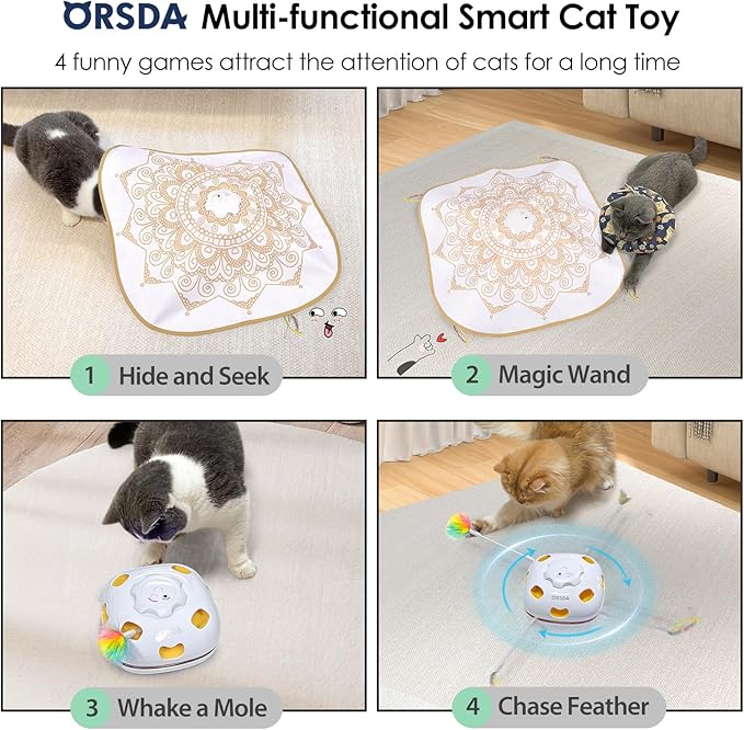ORSDA Cat Toys for Indoor Cats, 4 in 1 Interactive Cat Toys, Automatic Cat Toy Kitten Toy, Rechargeable Electric Enrichment Toy for Cat Toy for Bored Indoor Adult Cats Hide and Seek, Whack-A-Mole
