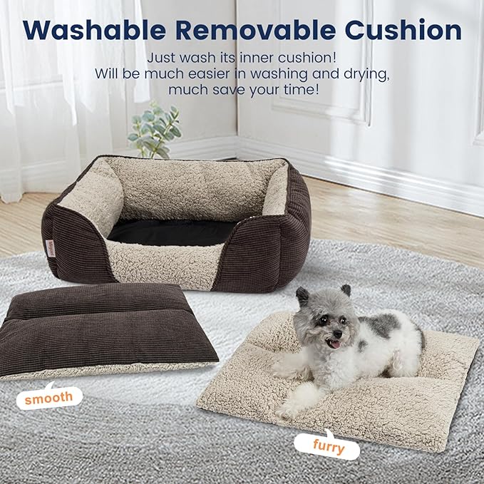 Miguel Washable Cat Beds for Indoor Cats with Removable Cushion, Easy to Wash Small Pet Sofa Bed with Side, Rectangle Bolster Kitten Bed Calming Cuddle Puppy Bed with Anti-Slip Bottom, Brown 18 Inch