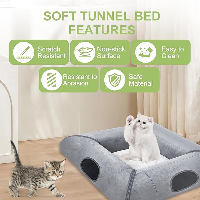 Cat Tunnel Bed, Collapsible Peekaboo Pet Cave Indoor for Multiple Kittens and Rabbits to Play, Sturdy and Scratch Resistant - Cat Interactive Toys, Removable Washable Soft Cushion (Gray, No Door)