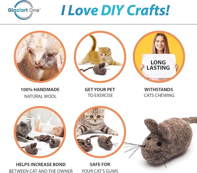 Glaciart One Felt Mouse Cat Toy – Soft Fuzzy Enrichment 100% Natural Wool Toy - Interactive Catnip Play Cat Toy Set - Safe for Pets, Non-AZO Colored Dyes - 100” Long