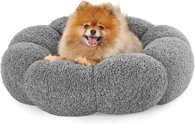 Lesure Calming Small Dog Bed - Flower Donut Round Fluffy Puppy Bed in Plush Teddy Sherpa, Non-Slip Cute Flower Cat Beds for Indoor Cats, Small Pet Bed Fits up to 25 lbs, Machine Washable, Grey 23"