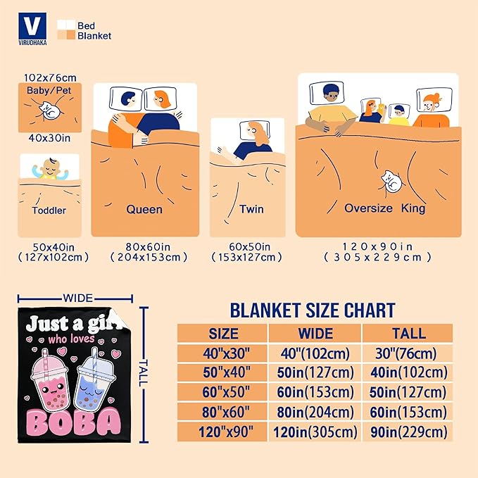 Bubble Tea Blanket Plush Fleece Throw-Just A Girl Who Loves Kawaii Gift for Girls Kids Women Bubble Tea Stuffed Soft Lightweight Flannel Blankets Toddler Sheet for Sofa-60x80 Inches