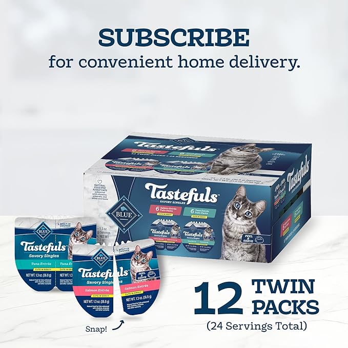 Blue Buffalo Tastefuls Savory Singles Natural Wet Cat Food Cuts in Gravy, Salmon and Tuna Variety Pack, 2.6-oz. Trays, 12-Count