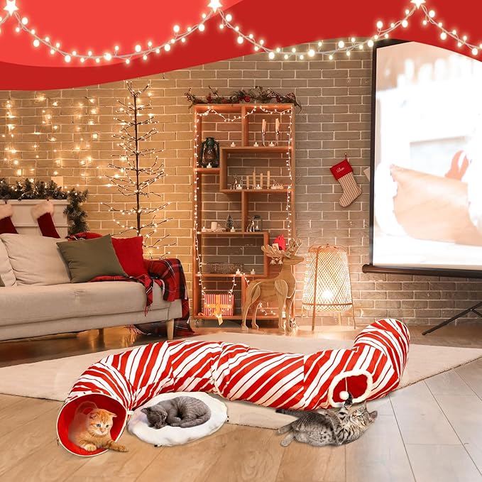 Cat Tunnel Bed Peekaboo Cat Cave Donut Under Christmas Tree Candy Cane Design Festive Decor Perfect for Small Medium Large Cats, Kittens, Rabbit, Ferret