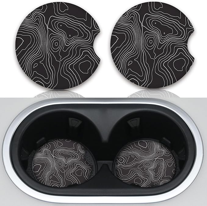 Black Contour Map Cute Cup Holder Coasters,Car Coasters for Cup Holders,Cute Car Accessories for Women Interior, 2 Pack Absorbent Universal Neoprene Car Coasters with Finger Slot