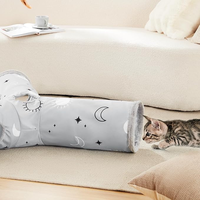 Love's cabin Large Cat Tunnel Toy 3 Way Collapsible, Cat Tunnels for Indoor Cats Large, Cat Play Tunnel with 4 Peek Hole Plush Ball & Feather Toy for Cat, Kitty, Kitten, Rabbit, Puppy Gray Sun