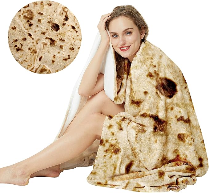 Burrito Tortilla Throw Blanket, 2.0 Double Sided Burritos Taco Tortilla Wrap Blankets for Adults Kids, Giant Funny Realistic Food Blankets, Soft Flannel Round Throw Blanket 71in
