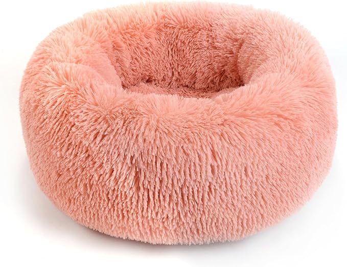 CHCFURPT Calming Dog Bed for Cats and Small Dogs, Donut Washable Small Cat Bed for Indoor Cats and Dogs, Anti-Slip Round Fluffy Plush Faux Fur Pet Bed for Small Cats and Dogs (Pink, 19.7')