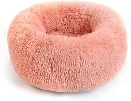 CHCFURPT Calming Dog Bed for Cats and Small Dogs, Donut Washable Small Cat Bed for Indoor Cats and Dogs, Anti-Slip Round Fluffy Plush Faux Fur Pet Bed for Small Cats and Dogs (Pink, 19.7')