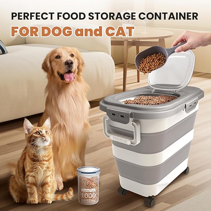 23-25 Lbs Dog Food Storage Container with Airtight Lid,Collapsible Dog Food Container with Wheels,Handle,Large Pet food storage Container with Scoop,Small Food Container for Dog Cat
