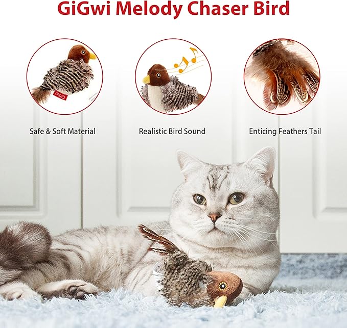 Gigwi Interactive Electronic Cat Toy (Not Flapping), Automatic Chirping Bird Cat Toy Squeaky with Feather Tail, Melody Chaser Toy Bird for Cats to Play Alone, Play and Squeak Kitten Toy for Boredom
