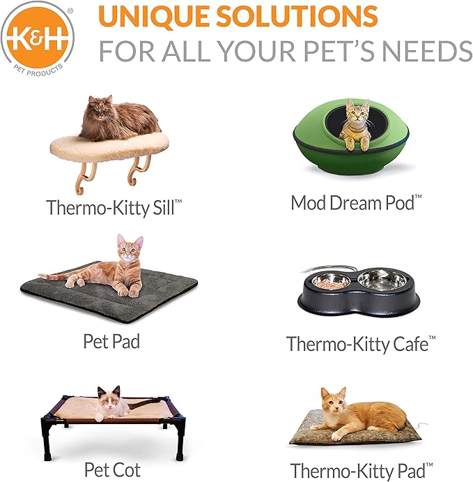 K&H Pet Products Heated Thermo-Kitty Fashion Splash Indoor Cat Bed, Orthopedic Foam Base Heated Bed for Dogs or Cats with Removable Waterproof Heater, Mocha Small 18 Inches Round