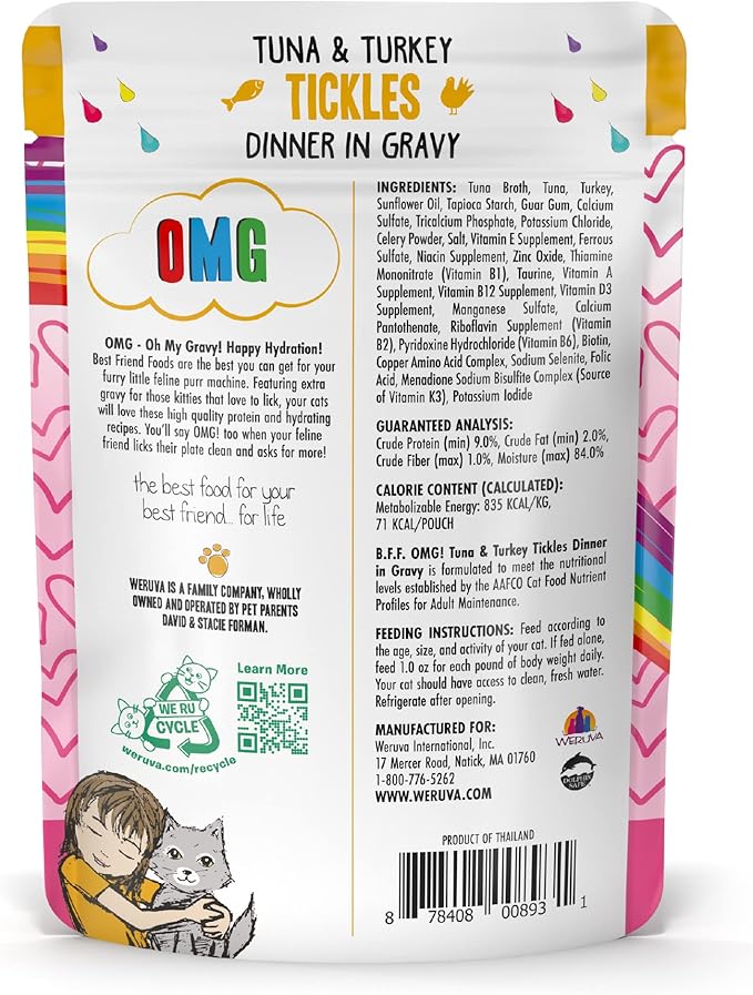 Weruva B.F.F. OMG - Best Feline Friend Oh My Gravy!, Tuna & Turkey Tickles with Tuna & Turkey in Gravy Cat Food, 3oz Pouch (Pack of 12)