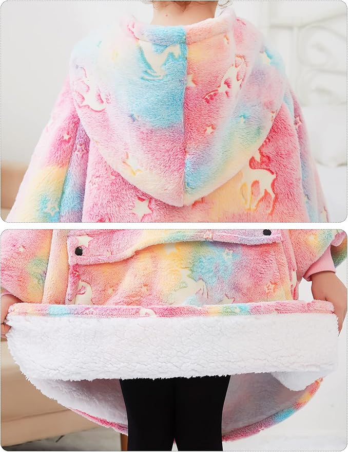 Glow in The Dark Wearable Blanket Hoodie for Kids Sherpa Patterns Oversized Sweatshirt Blanket with Pocket 6-10 Year Old Girl Birthday Gifts Rainbow