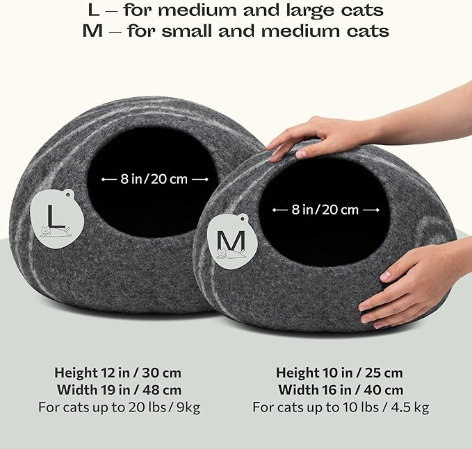 MEOWFIA Cat Cave – Premium Felt Cat Bed for Indoor Cats, Handmade 100% Merino Wool (Dark Shades) (Medium, Dark Grey)