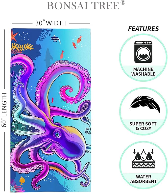 Bonsai Tree Large Octopus Beach Towel, Blue Microfiber Bath Towel for Women, Sand Free Quick Dry Travel Towels Large Octopus for Women Yoga Sports Adults 30" X 60"