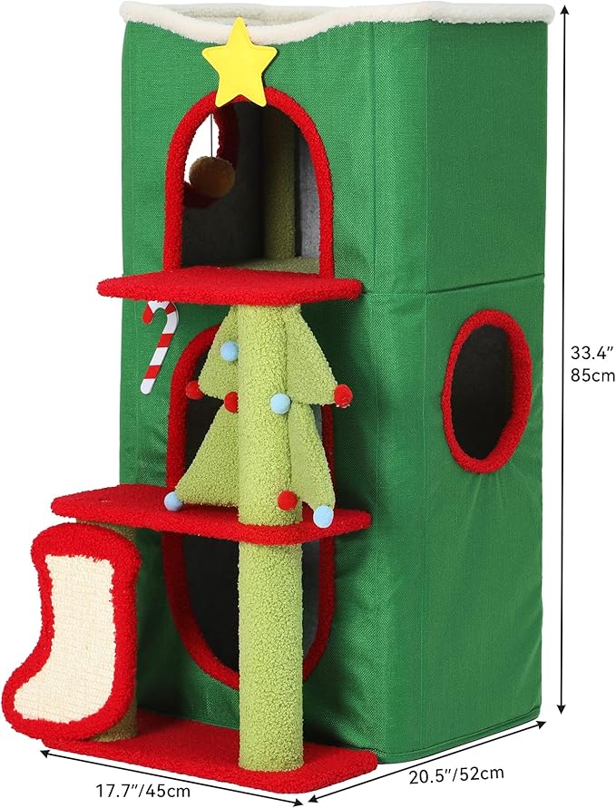 YITAHOME Christmas 3-Tier Cat House, Indoor Cat Cave Bed Playhouse, Covered Cat Beds & Furniture with Scratch Pad and Hideaway Cave,Christmas Cute Modern Cat Condo Furniture for Multi Small Cats