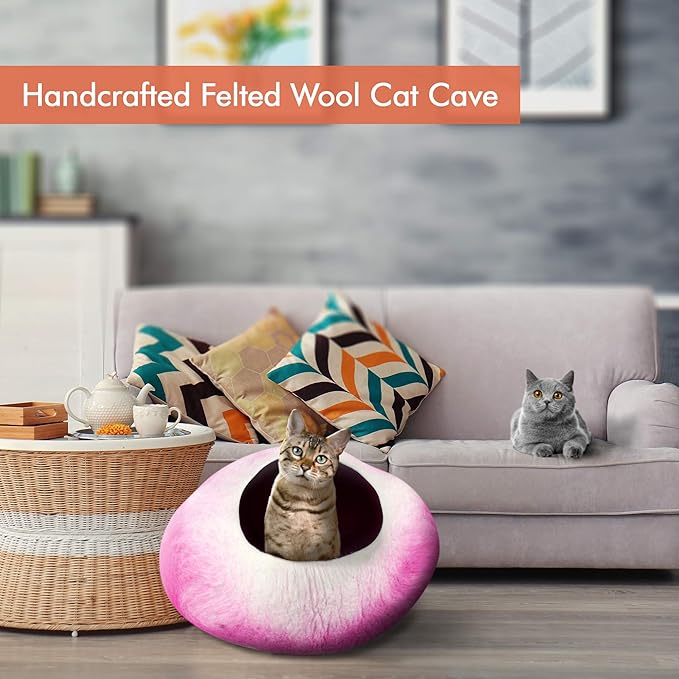 Felted Wool Cat Cave Bed ~ Perfect Handcrafted Cat Beds for Indoor Cats ~ Felted from 100% Natural Wool ~ Eco Friendly with Your Cats (Rose Petals)