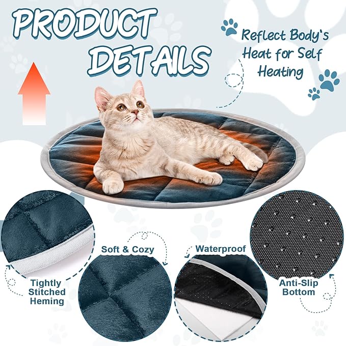 2 Pcs Cat Heating Pad Round 16 Inch Self Heating Cat Mat Washable Heated Cat Bed Anti Slip Cat Warming Pad Pet Bed Mat for Kennel Dog Crate Indoor Outdoor(Blue,16 Inch)