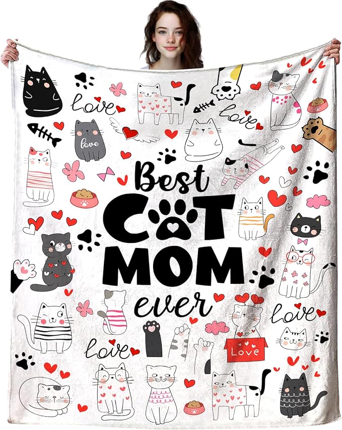 Cat Mom Throw Blanket - Just A Girl Who Loves Cats Gift for Pet Lovers - Soft Flannel Animal Pattern for Kids Adults 60"X50"