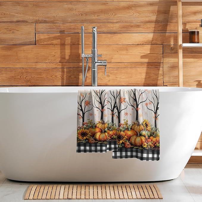 Giwawa Autumn Pumpkin Hand Towels Buffalo Check Bathroom Towel Set of 2 Kitchen Dish Towel Soft Small Bath Guest Towel for Hotel Spa Gym Sport