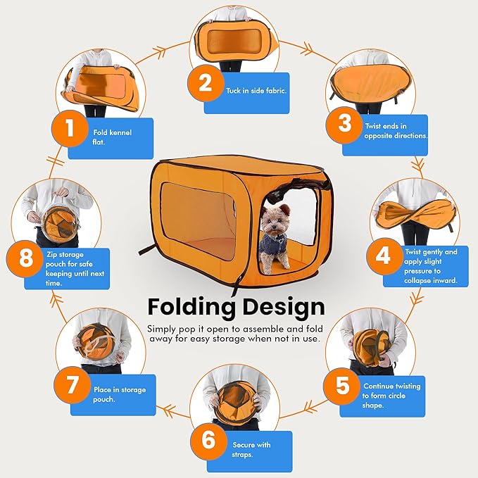 Beatrice Home Fashions Portable, Collapsible, Pop Up Kennel Travel Cat and Dog Crate, 36" L x 22" W x 22" H, Orange