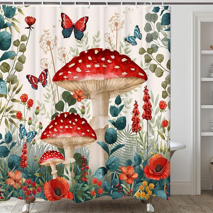 Boho Mushroom Shower Curtain, Floral Woodland Farmhouse Cottagecore Aesthetic Sage Green Eucalyptus Shower Curtain Set, Fairy Witchy Plant Botanical Flower Fabric Bathroom Curatin with Hooks 72X72