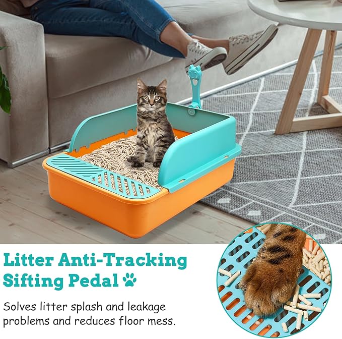 BNOSDM Sifting Litter Box Open Cat Litter Box with High Sides Detachable Kitten Toilet Semi-Enclosed Litter Tray Pan with 16 Piece Kitten Starter Kit for Small Cat Kitty, Grey