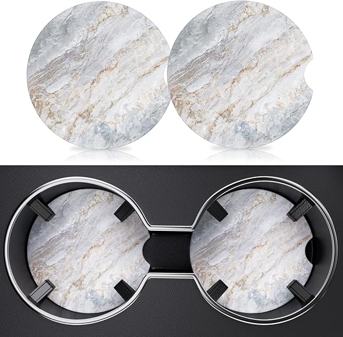 2 Pack Car Cup Holder Coaster, 2.63 inch Anti Slip Insert Absorbent Ceramic Car Coaster with Cork Base and Finger Notch, Cute Car Accessories Interior for Women, Cute Car Coasters., CH0025