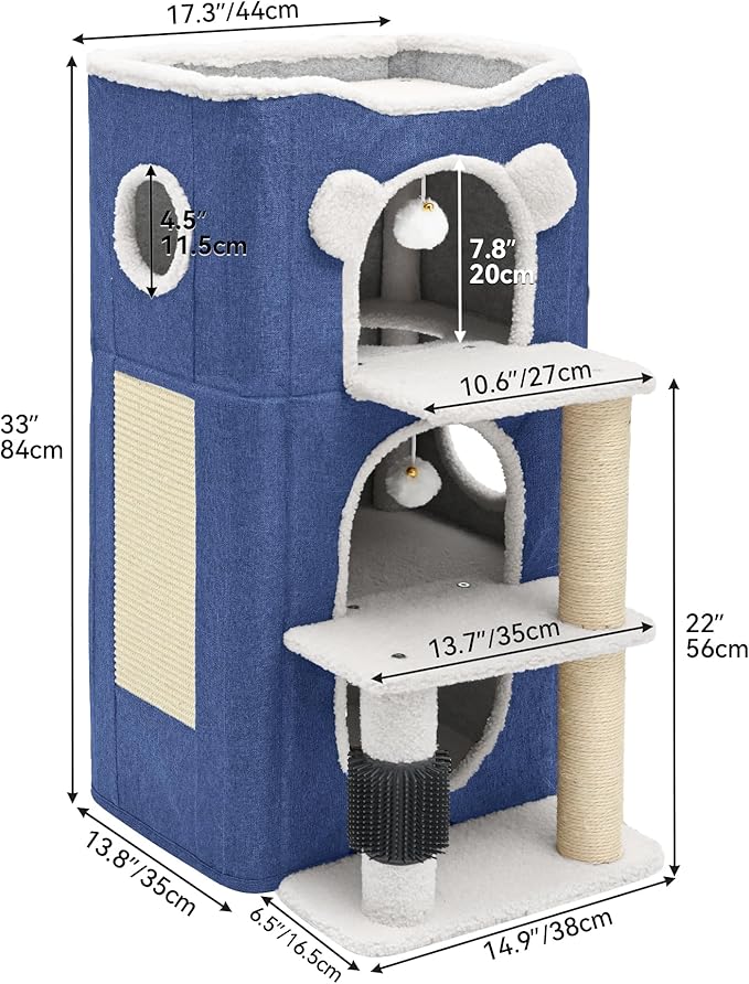 YIATHOME 3-Tier Cat House, Cat Beds for Indoor Cats, Modern Cat Condo with Highway Cave, Scratch & Itching Post, Climbing Stand, Cat Cube Playhouse for Multi Kittens, Blue