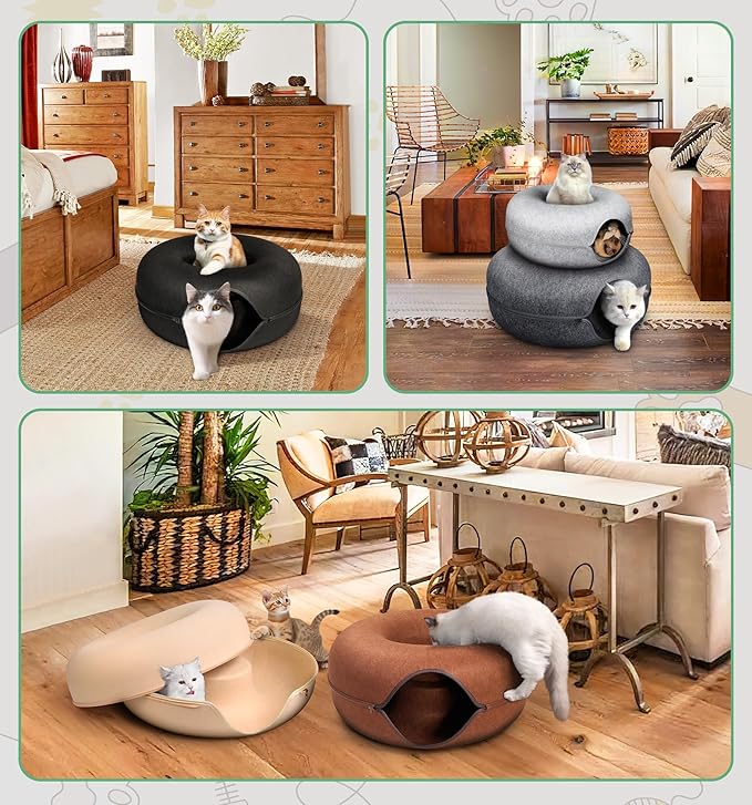 Peekaboo Cat Cave for Multiple Cats/Large Cats, Cat Caves for Indoor Cats Up to 9 Lbs, Cat Tunnel Bed, Scratch Detachable and Washable Large Donut Cat Bed, Yellow