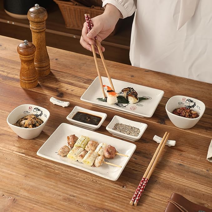 8 pcs Japanese Sushi Plate Sets Serving Platters and Trays for Entertaining Sushi Dishes Set Plates Sushi Plates Traditional Cuisine Dinnerware Sets with Chopsticks Dragon