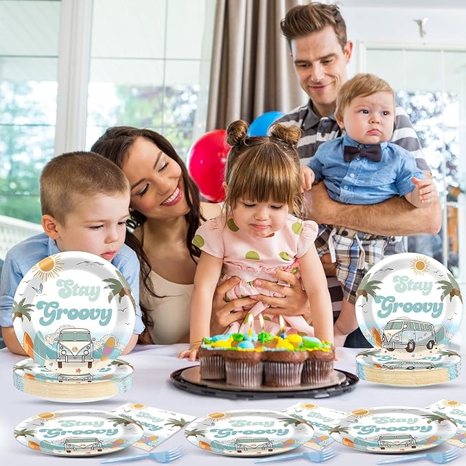 96PCS Summer Beach Party Party Supplies Tableware Set Surfing Hippie Groovy Birthday Party Disposable Dinnerware Plates Napkins Forks for Summer Beach Birthday Baby Shower Decorations for 24 Guests