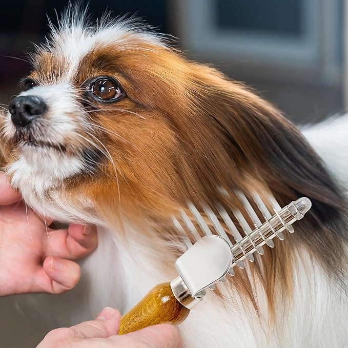 TAKAVU Dematting Fur Rake Comb Brush for Dogs and Cats, Safety Steel Blades Detangling Pet Brush, Undercoat Grooming Brush Cutting and Removing Dead Matted Knotted Hair for Doodles Poodles Terrier
