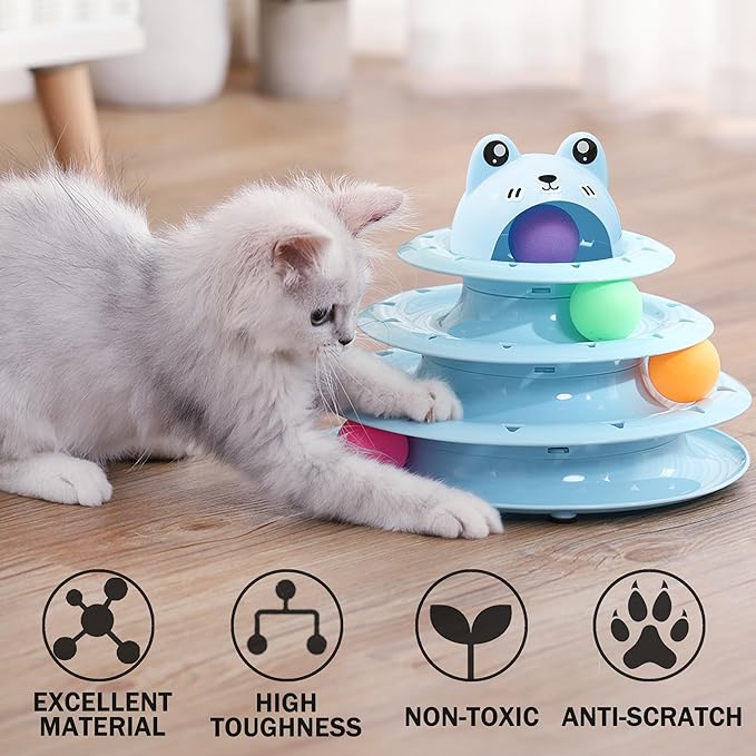 Suhaco 26 Pack Cat Toys Interactive for Indoor Cats Kitten Toy Fun Roller 4 Level Cat Teaser Ball Toys with 4 Colorful Balls Cat Feather Wand Kitty Toy Set for Boredom (Blue)