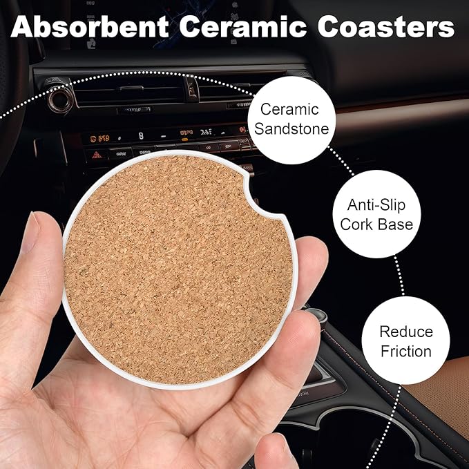 2 Pack Car Cup Holder Coaster, 2.63 inch Anti Slip Insert Absorbent Ceramic Car Coaster with Cork Base and Finger Notch, Cute Car Accessories Interior for Women, Cute Car Coasters., Cats