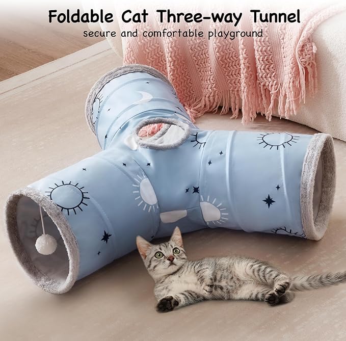 Tempcore Pet Cat Tunnel Tube Cat Toys 3 Way Collapsible, Cat Tunnels for Indoor Cats Fleece-Lined in for Warmth，Kitty Tunnel Bored Cat Pet Toys Peek Hole Toy Ball Cat, Puppy, Kitten, Rabbit Blue Sun