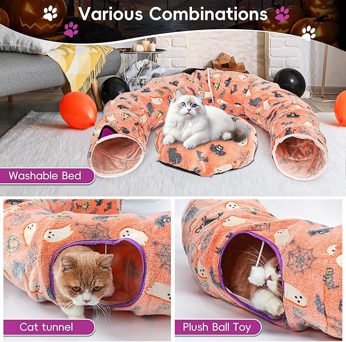 Halloween Cat Tunnel Bed, Cat Tunnels for Indoor Cats Large with Bat Wings, Foldable Cat Donut Tunnel with Soft Mat and Dangling Balls, Pumpkin Cat Play Tunnel Toy with Ghost, Spider Web Pattern