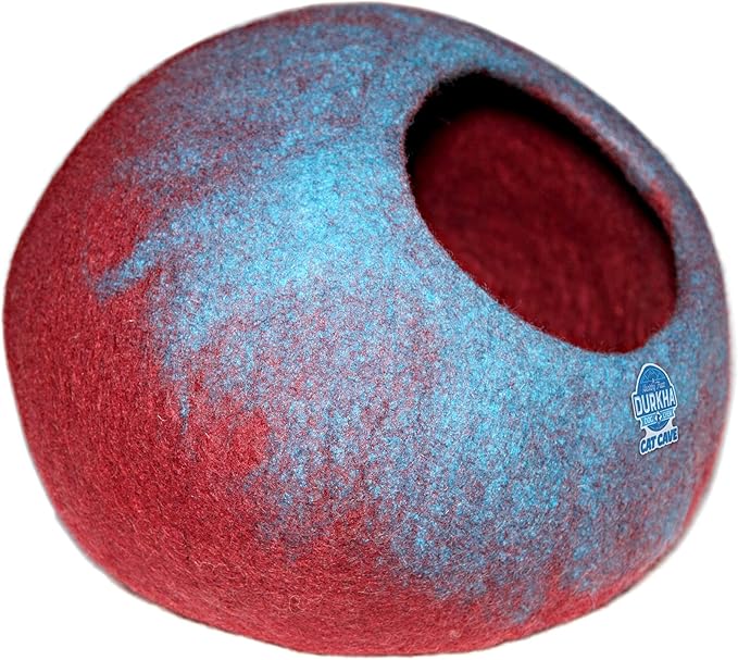 Felt Cat Cave Bed, Handmade Covered Cat Bed Cave, Wooly Cave for Cats, Dome Shaped Cat Pod, Cat Beds & Furniture, Felt Cat Beds for Indoor Cats (Light Blue and Burgundy)