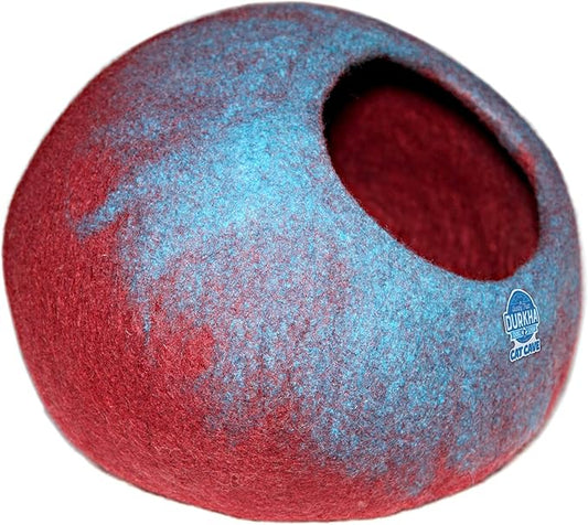 Felt Cat Cave Bed, Handmade Covered Cat Bed Cave, Wooly Cave for Cats, Dome Shaped Cat Pod, Cat Beds & Furniture, Felt Cat Beds for Indoor Cats (Light Blue and Burgundy)