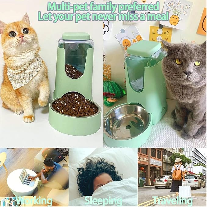 Pets Automatic Gravity Feeder Dogs 2.8L Food & 4L Water Dispenser Set with Stainless Steel Bowl for Small Medium Big Puppy Kitten(Light Green)