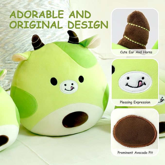 Avocado Cow Plush Toy Pillow Cute Stuffed Animal Soft Plushie Doll Gift for Kids Boys Girls Green 8 inch