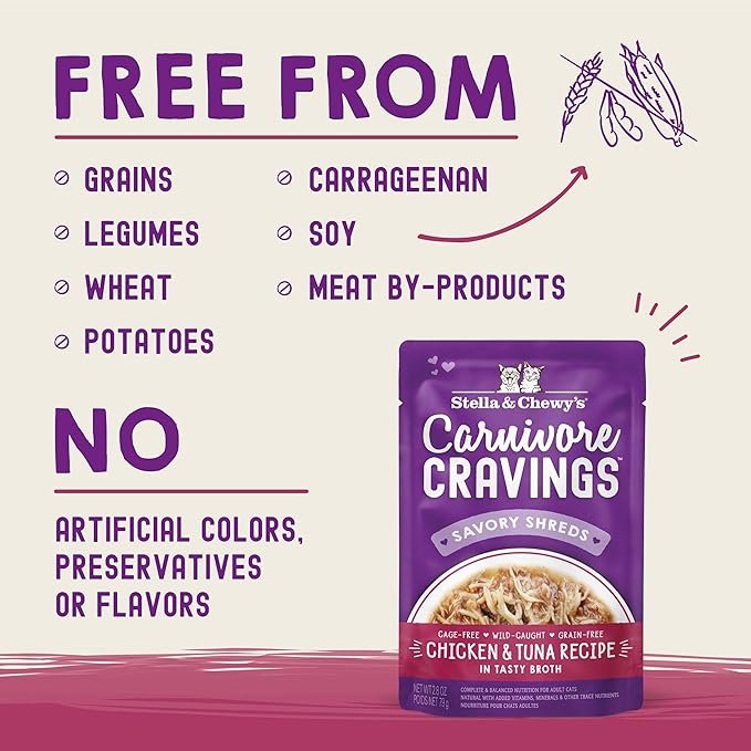 Stella & Chewy's Carnivore Cravings Savory Shreds Wet Cat Food Pouches – Grain Free, Protein Rich Meal, Topper or Treat – Chicken & Tuna Recipe (2.8 Ounce Pouches, Case of 12)