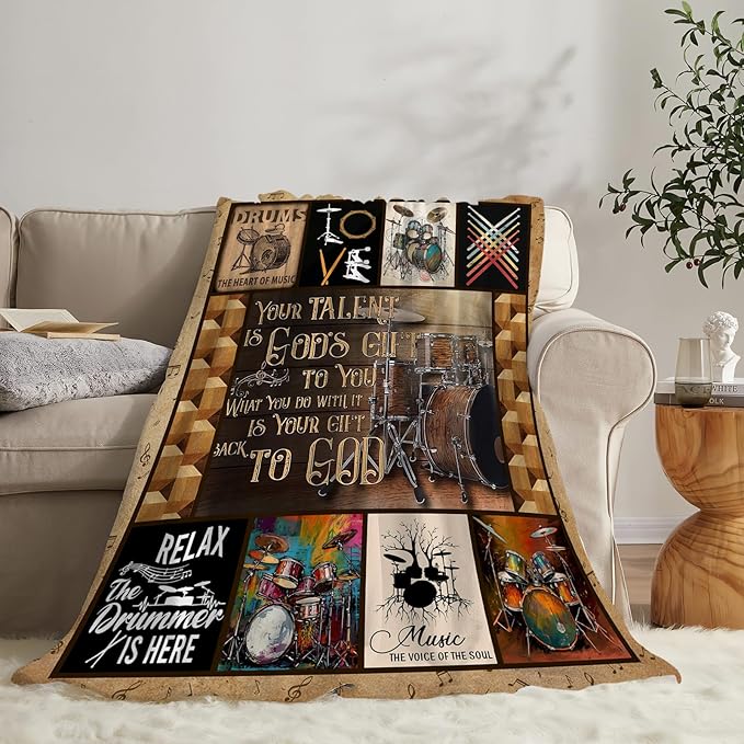 Rock Music Blanket Ultra Soft Cozy Drum Set Kit Throw Blanket Fleece Fuzzy Plush Bedding Vintage Musical Instrument Lovers Gifts for Women Girls Kids Adults 50"x40"