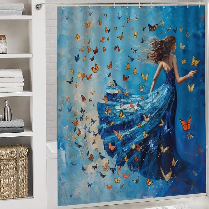 Brebasf Rustic Aesthetic Anime Girl Shower Curtain Set Bathroom Set Decorative Vintage Rustic Oil Painting Summer Beach Fantasy Colorful Butterfly 4 Piece