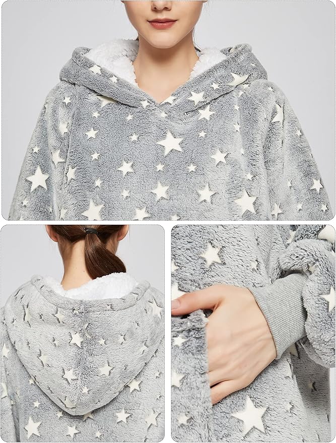 KFUBUO Wearable Blanket Hoodie for Adults Sherpa Glow in The Dark Oversized Sweatshirt Blanket with Pockets Cute Birthday Gifts for Women